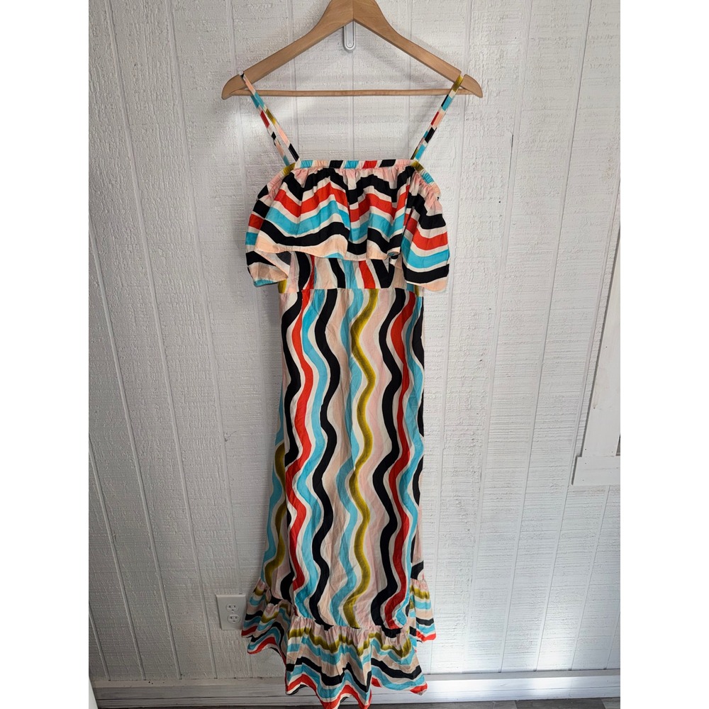 Farm Rio Midi Dress Women Multicolor Wavy Stripe Ruffle Cotton S